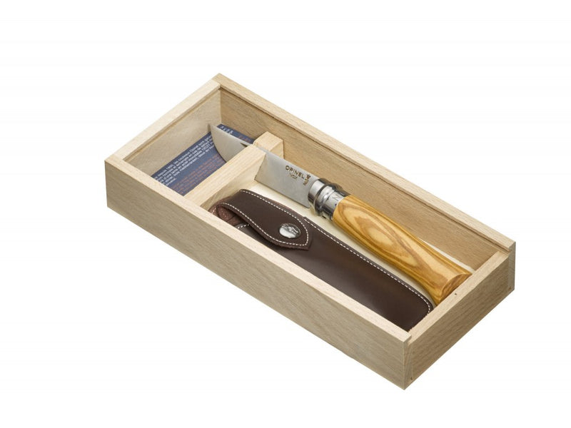 OPINEL VRI N°08 Inox rukojeť oliva + pouzdro, dřevěný box