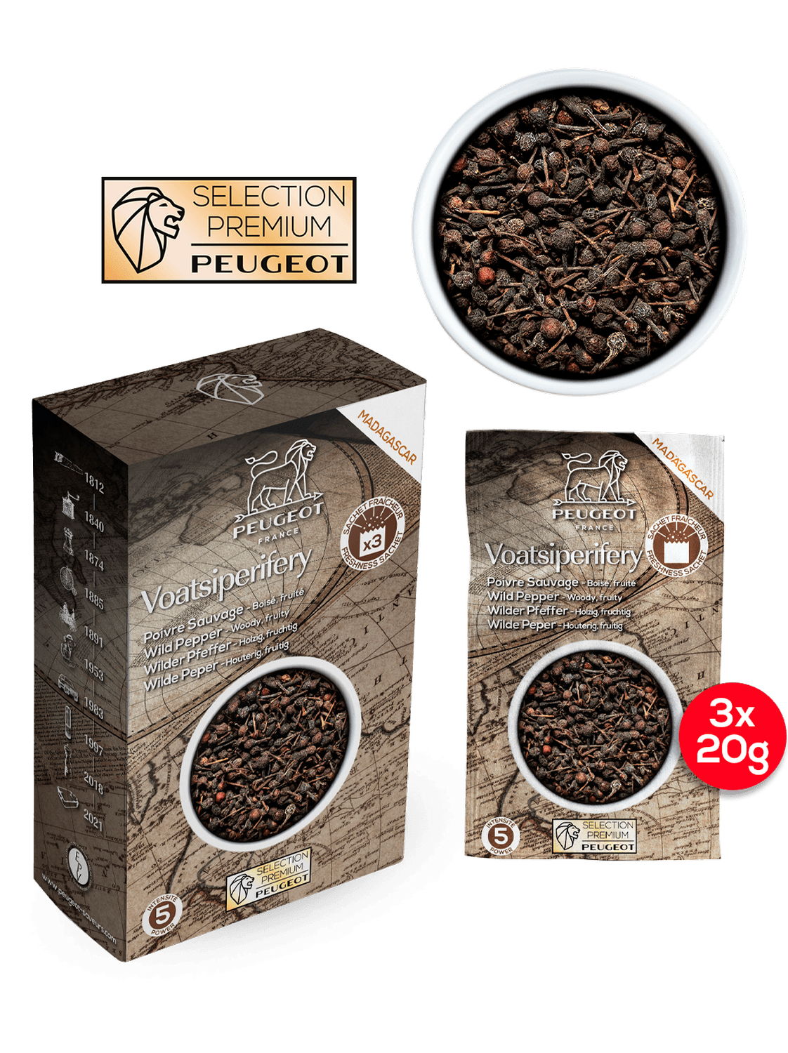 Peugeot Premium Voatsiperifery divoký černý pepř 60 g ( 3 x 20 g) 42493