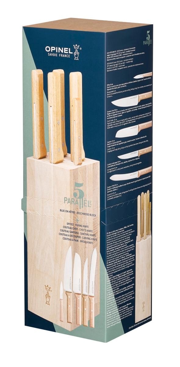 Opinel Blok s noži Parallele 5ks (kuchařský, Santoku, nůž na chléb, porcovací nůž, nůž na maso) 002402