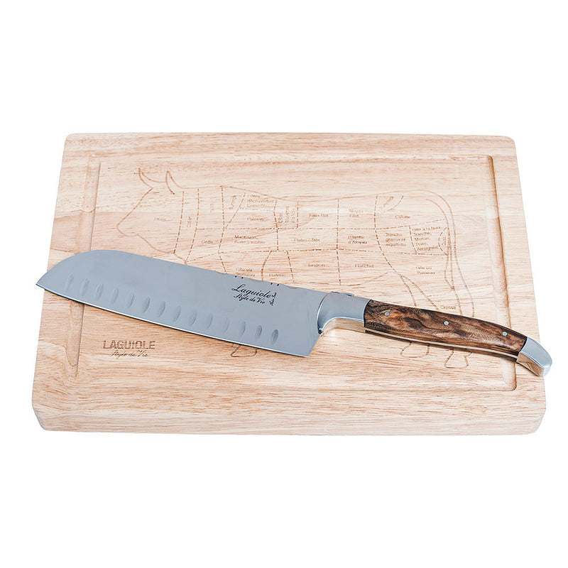 LAGUIOLE Luxury - nůž Santoku s dřevěným prkénkem - rukojeť z olivového dřeva